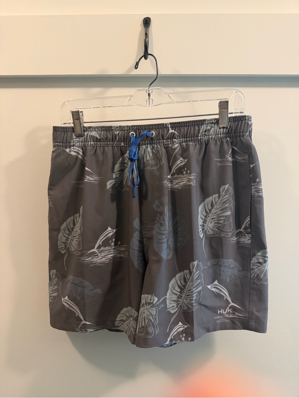 Huk Gray Swim Trunks with Blue Drawstring and Light Leaf Print